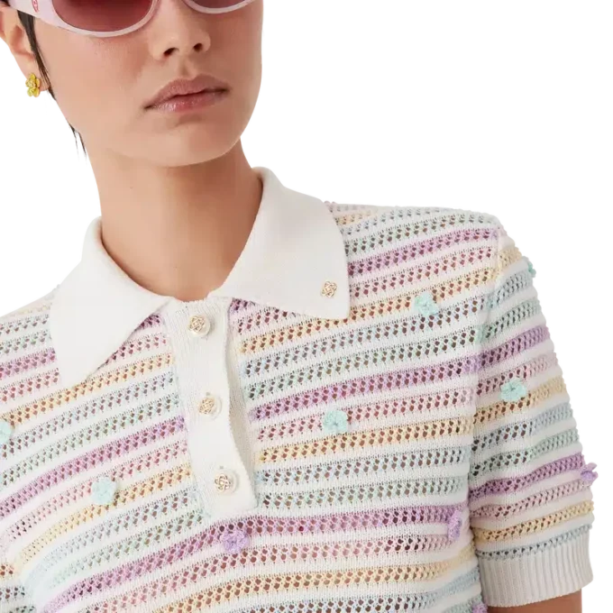 Blumenstreifen-Poloshirt aus Baumwoll-Häkelstoff