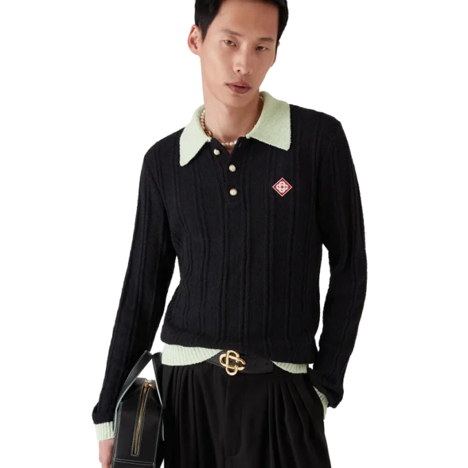 Bouclé-Poloshirt mit langen Ärmeln