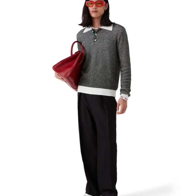 Bouclé-Streifen-Poloshirt mit langen Ärmeln