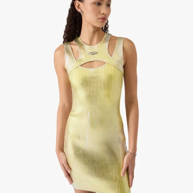 Gelbes Minikleid mit Folienprint