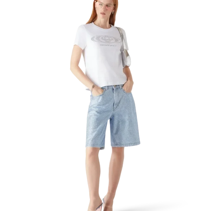 Kristall-Warped-Logo-T-Shirt mit kurzen Shorts und taillierter Passform