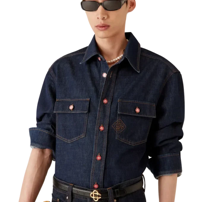 Kurzärmeliges Denim-Shirt mit Logo-Stickerei