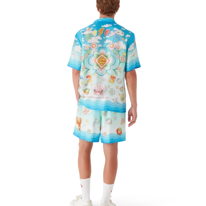Kurzärmeliges Seidentwill-Shirt mit Kawaii-Motiv