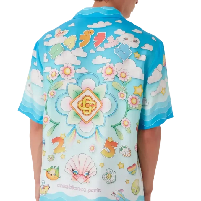 Kurzärmeliges Seidentwill-Shirt mit Kawaii-Motiv