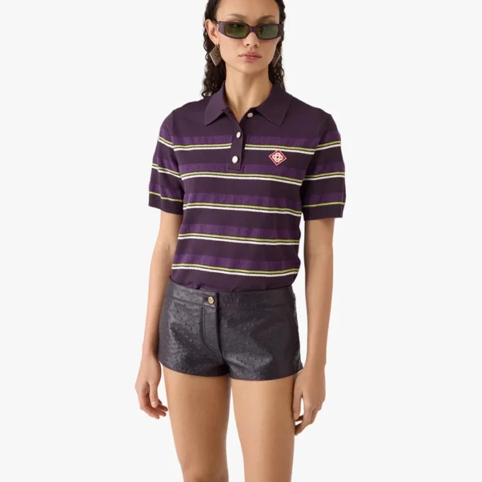 Lila-grün gestreiftes, tailliertes Poloshirt Lila-grün gestreiftes, tailliertes Poloshirt