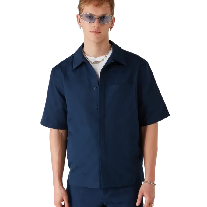 Marineblaues Monogramm-Kurzarmhemd Marineblaues Monogramm-Kurzarmhemd