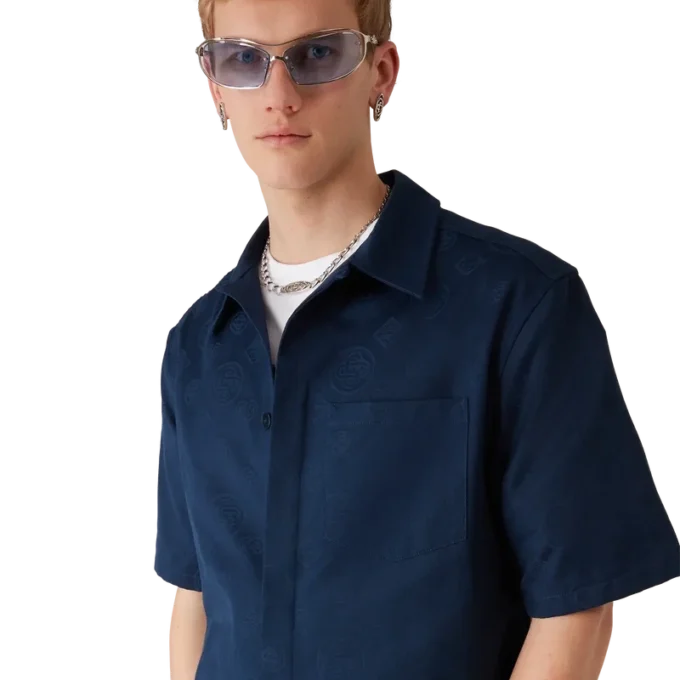 Marineblaues Monogramm-Kurzarmhemd Marineblaues Monogramm-Kurzarmhemd
