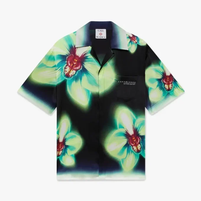 Orchid Glitch Kurzarm-Seidenhemd aus Shorts