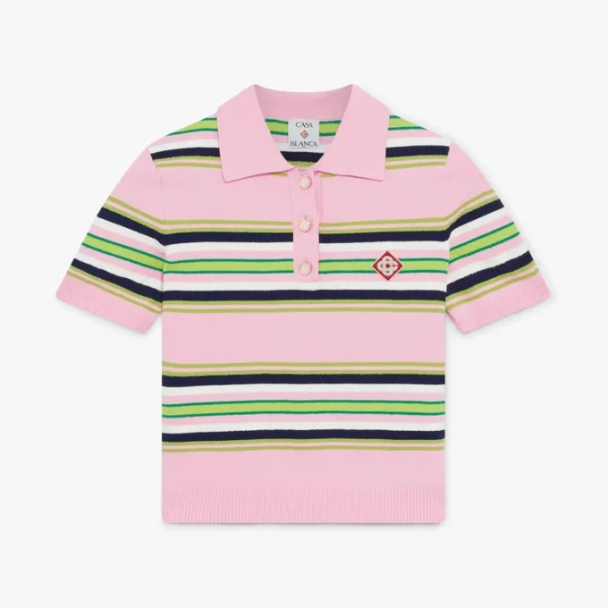 Rosa-grün gestreiftes, tailliertes Poloshirt