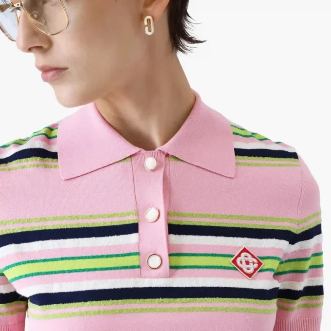 Rosa-grün gestreiftes, tailliertes Poloshirt