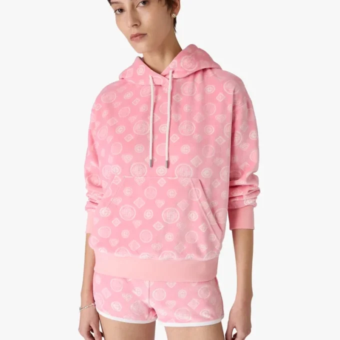 Rosa Velours-Sweatshirt mit Kapuze und Monogramm