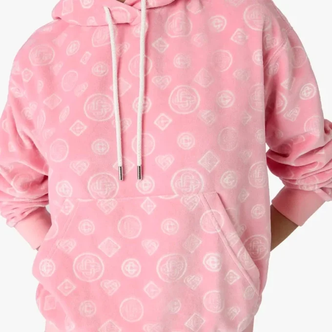 Rosa Velours-Sweatshirt mit Kapuze und Monogramm