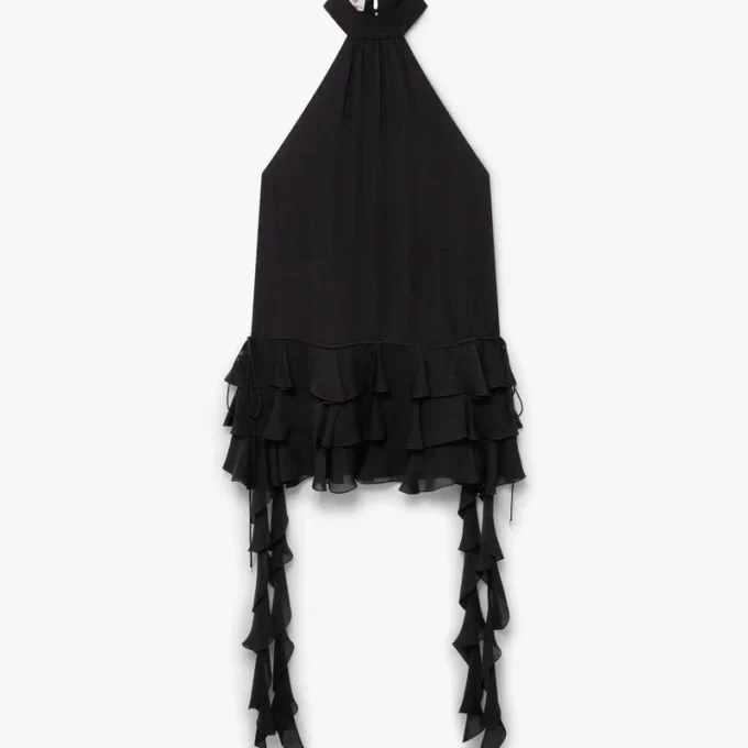 Schwarzes Georgette-Minikleid mit doppelten Rüschen