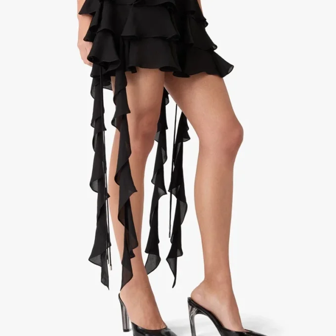 Schwarzes Georgette-Minikleid mit doppelten Rüschen