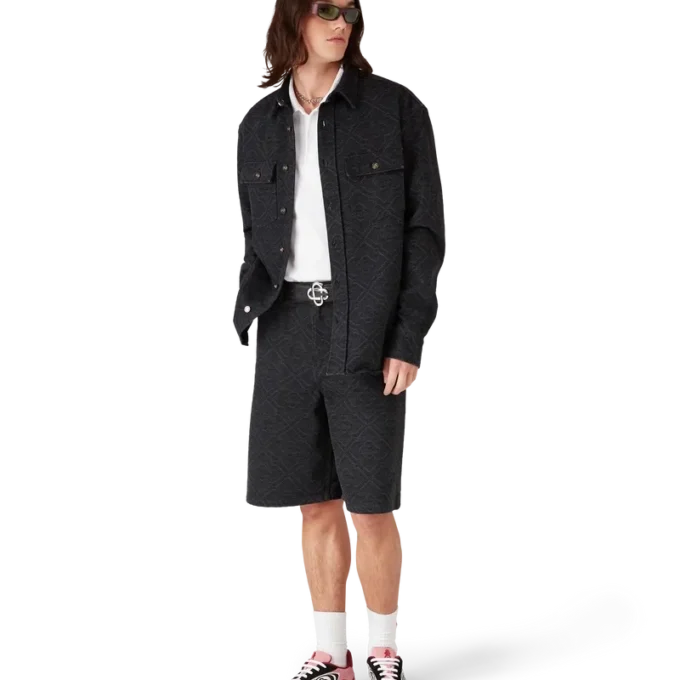 Schwarzes, lasergeschnittenes Langarm-Jeans-Hemd