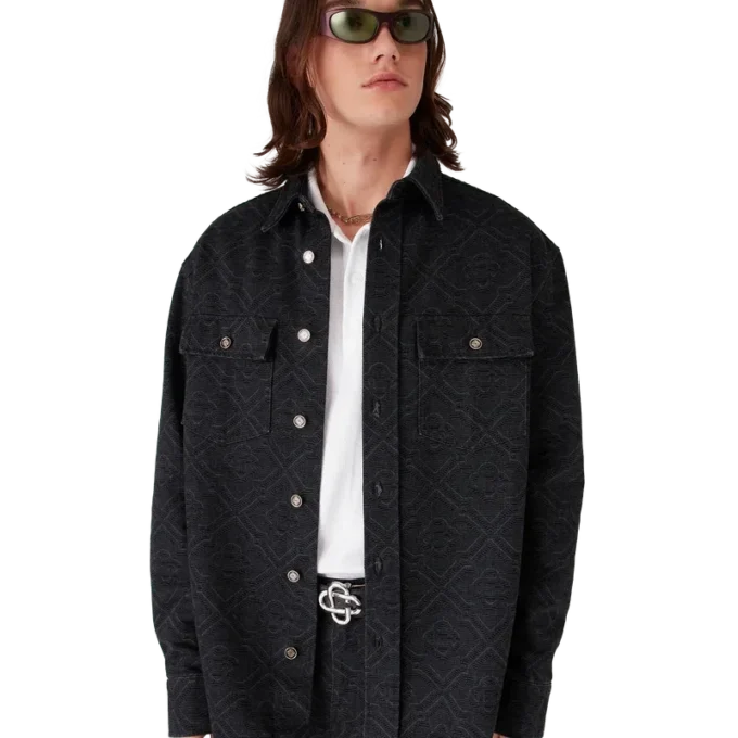 Schwarzes, lasergeschnittenes Langarm-Jeans-Hemd