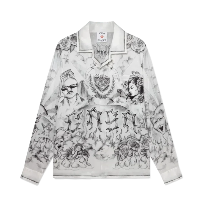 Tattoo-Seidenhemd mit langen Ärmeln
