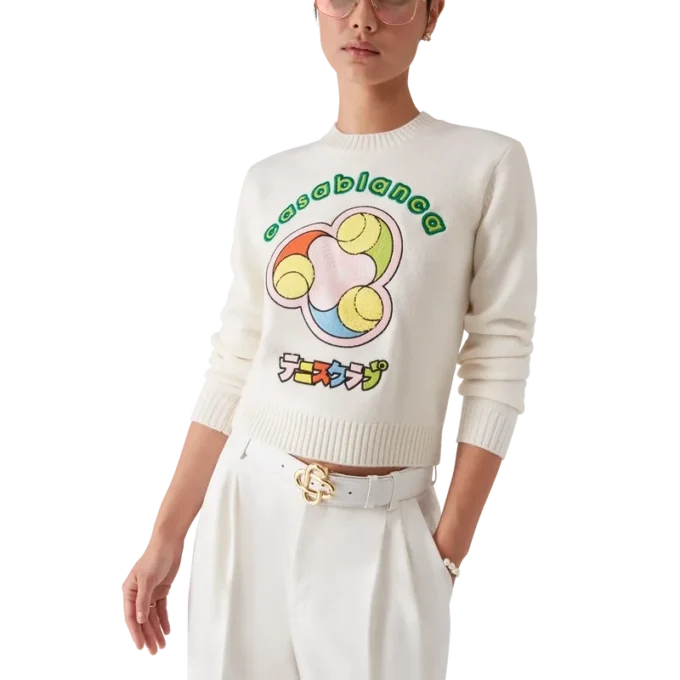 Tennisball-Merino-Strickpullover mit Rundhalsausschnitt