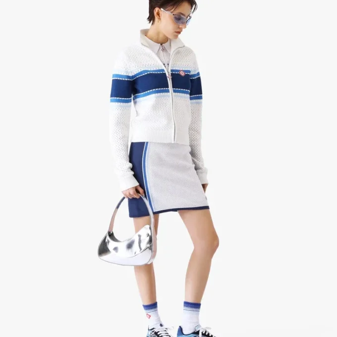 Weiß-blau gestreifte Mesh-Bomberjacke Weiß-blau gestreifte Mesh-Bomberjacke