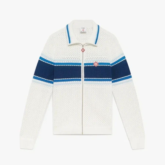 Weiß-blau gestreifte Mesh-Trainingsjacke Weiß-blau gestreifte Mesh-Trainingsjacke