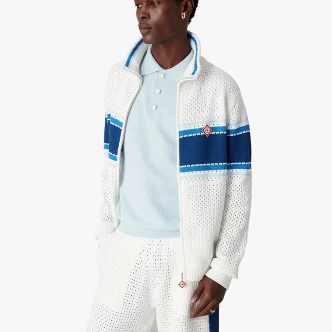 Weiß-blau gestreifte Mesh-Trainingsjacke Weiß-blau gestreifte Mesh-Trainingsjacke