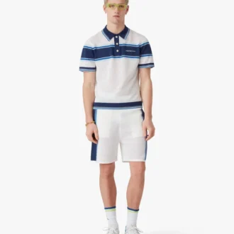 Weiß-blau gestreiftes Mesh-Poloshirt mit kurzen Shorts