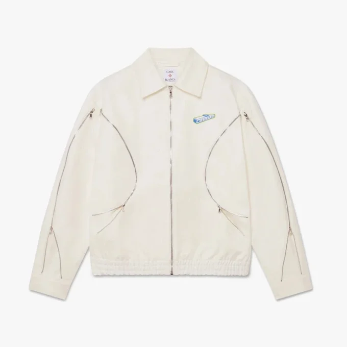 Weiße Baumwoll-Drill-Jacke mit Reißverschluss Weiße Baumwoll-Drill-Jacke mit Reißverschluss