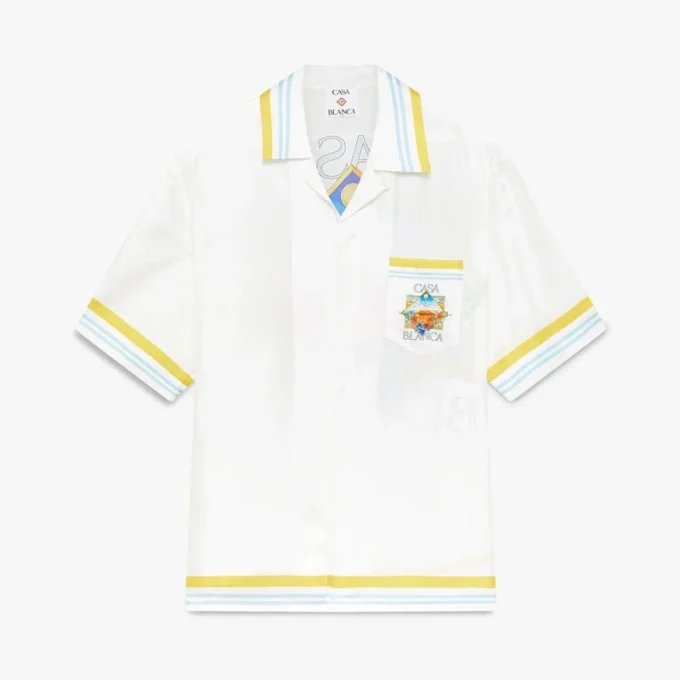 Weißes Seidenhemd mit kurzen Ärmeln und Tennis-Motiv